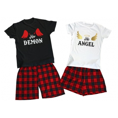 Piżamy dla par zestaw dla dwojga prezent na walentynki Her demon His Angel